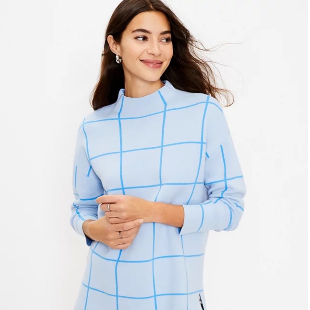 LOFT Windowpane Mock Neck Tunic Sweater